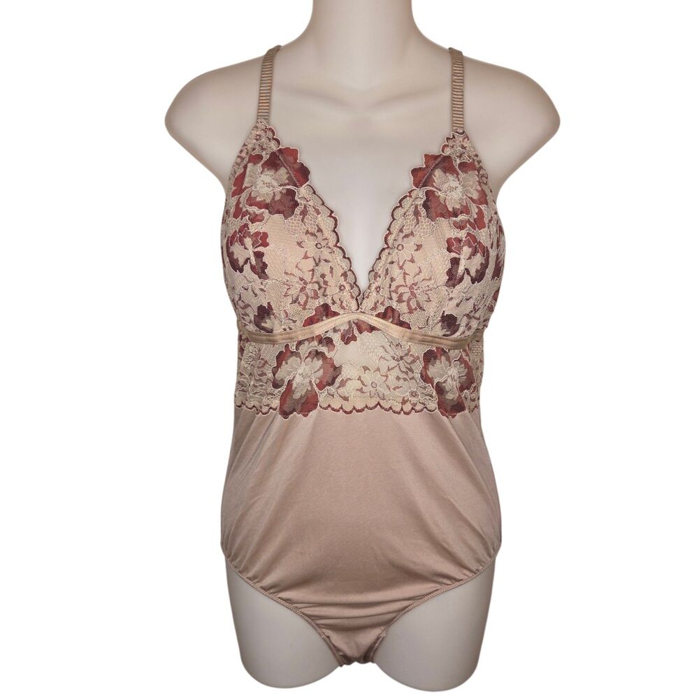 Auden Floral Lace Strappy Bodysuit Taupe Burgundy Size XL Adjustable Straps